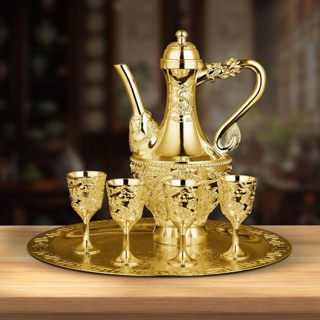 Exquisite Dragon & Phoenix Gilded Wine Set: Silver Carved Pitcher & Utensils for Home Decor & Gifts