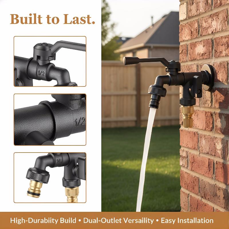 Outdoor Dual Outlet Garden Water Faucet 2 Way Zinc Alloy Freeze Proof Tap for Frost Protected Lawn Watering