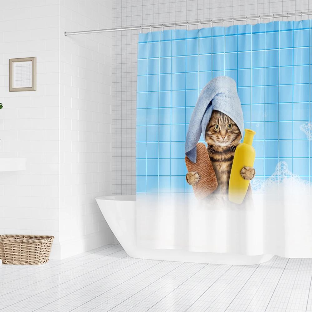 

Cool Cat Shower Curtain Set Man Cave Bathroom Decor Awesome Hero Unicorn Shooting Fire Blue Polyester Fabric 12 Hooks Included W90xH180cm