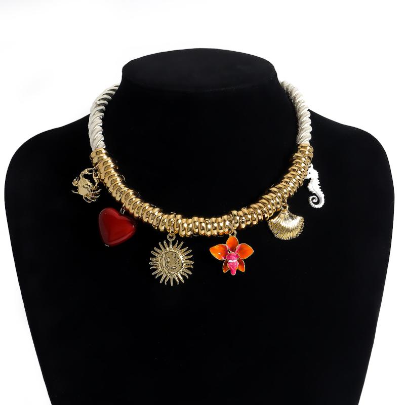 Vintage Handmade Charm Cord Necklace For Women Golden Ocean Animal Pendant Rope Chain Jewelry Summer  Wearing Gift