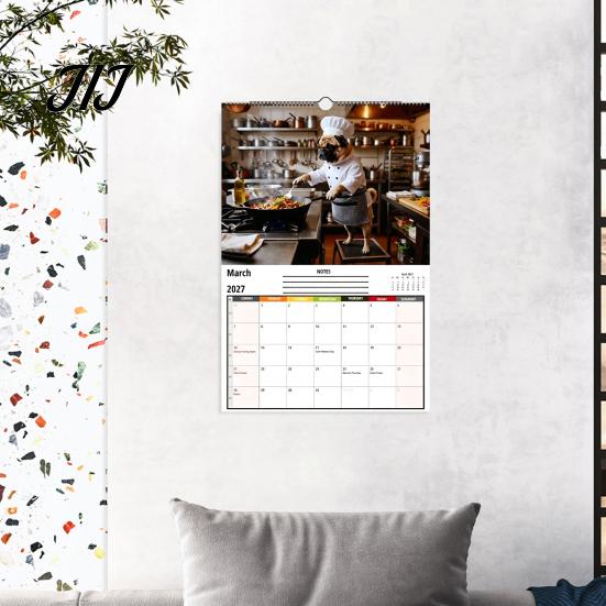 Home Study Room Decoration 2027 Pugs Working Wall Calendar, Funny Dog Hanging Office Organizer 12 Monthly Planner with Unique Illustrations for Decor