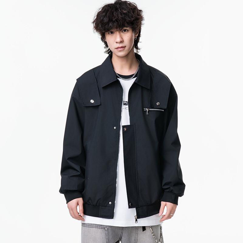 Men's Versatile Lapel Bomber Jacket - Spring & Fall Solid Color Casual Workwear