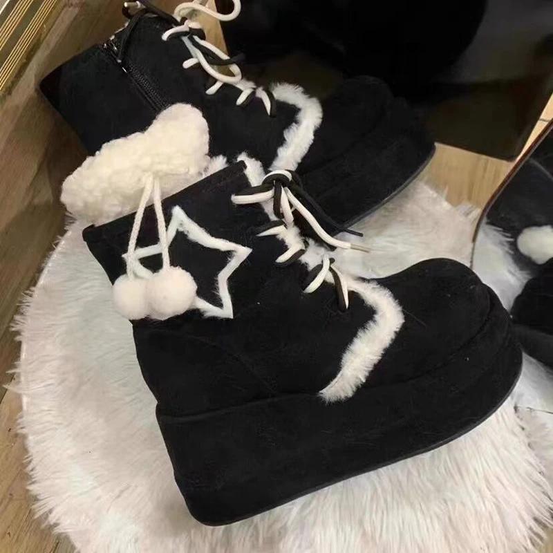 

Platform Heel Women Warm Plush Snow Boots Fashion Cross Tie Straps Short Booties Winter Concise Women s Cotton Shoes 35