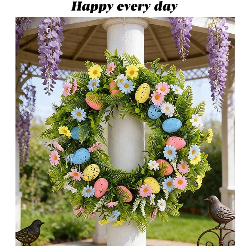 Easter Eggs Artificial Flower Wreath Easter Wreath Wall Hanging Decoration for Front Door Porch Mantels Home Decoration