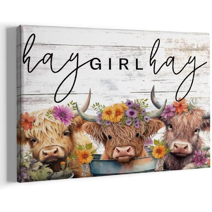 FALJIOK Funny Highland Cow Picture Wall Decor, Farmhouse Cow Wall Art, Cute Cow Gifts Rustic Vintage Country Framed Poster Artwork Prints Pictures
