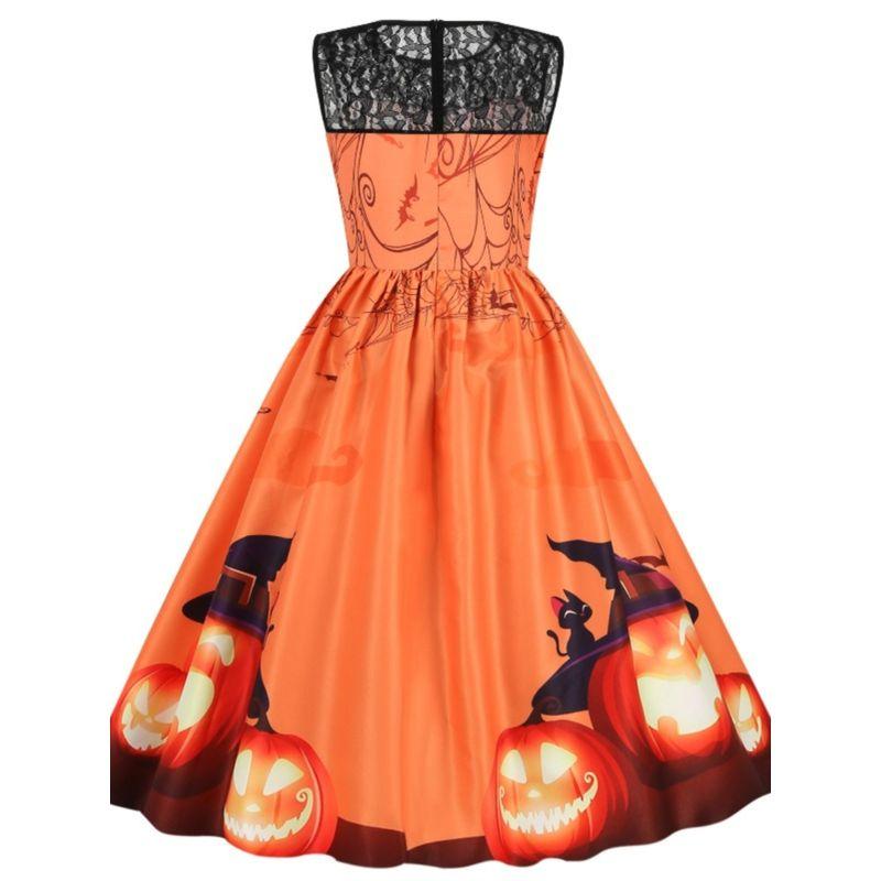 Fashion Halloween round Neck Lace Patchwork Pumpkin Cartoon Print Silm Sleeveless Swing Dress Female Dress