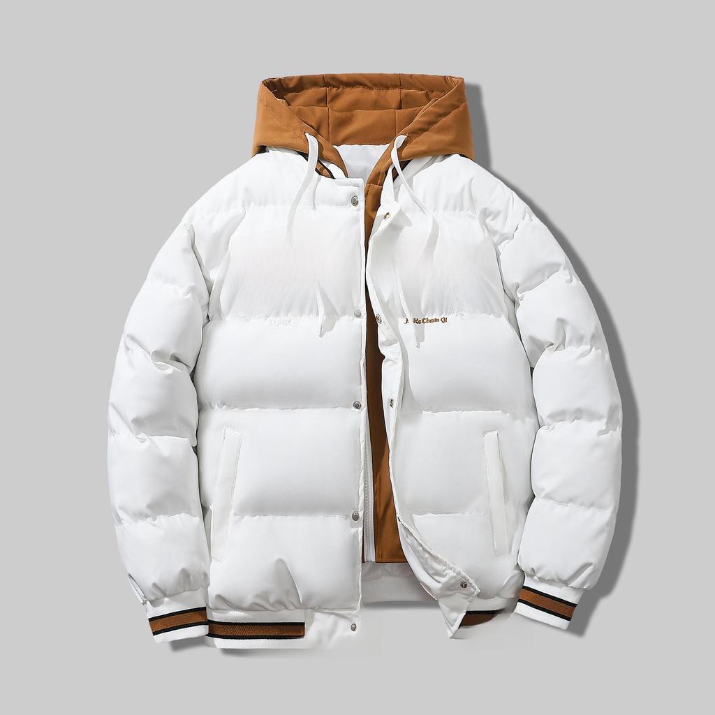 Men's Trendy Korean-Style Hooded Jacket - Loose Fit, Thick, Cotton-Filled, Fake Two-Piece Design for Autumn/Winter.