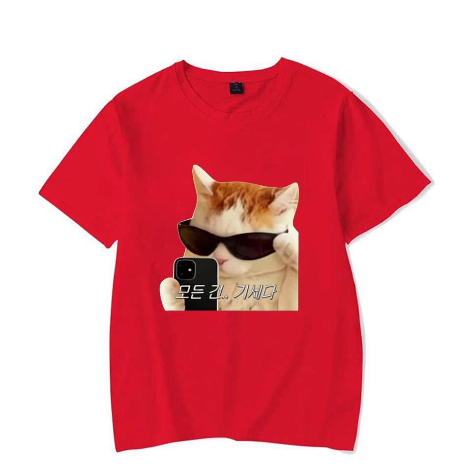 Hot Neutral Style Cool Cat Selfie T Shirt Korean Text Meme Print Short Sleeve O Neck Soft Washable Tops Funny Streetwear Tee Top