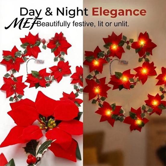 Battery Operated Christmas Garland Poinsettia with Light, 78/118 Inch Lighted Artificial Flower for Mantel String Light 10/20 LEDs Xmas New Year Home