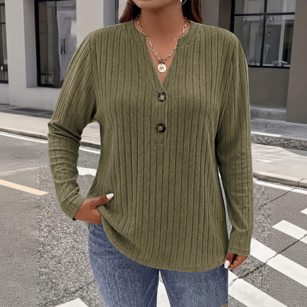 Damen Plus Size V-Ausschnitt Knopfleiste Langarm Stricktop T-Shirt für Freizeitkleidung