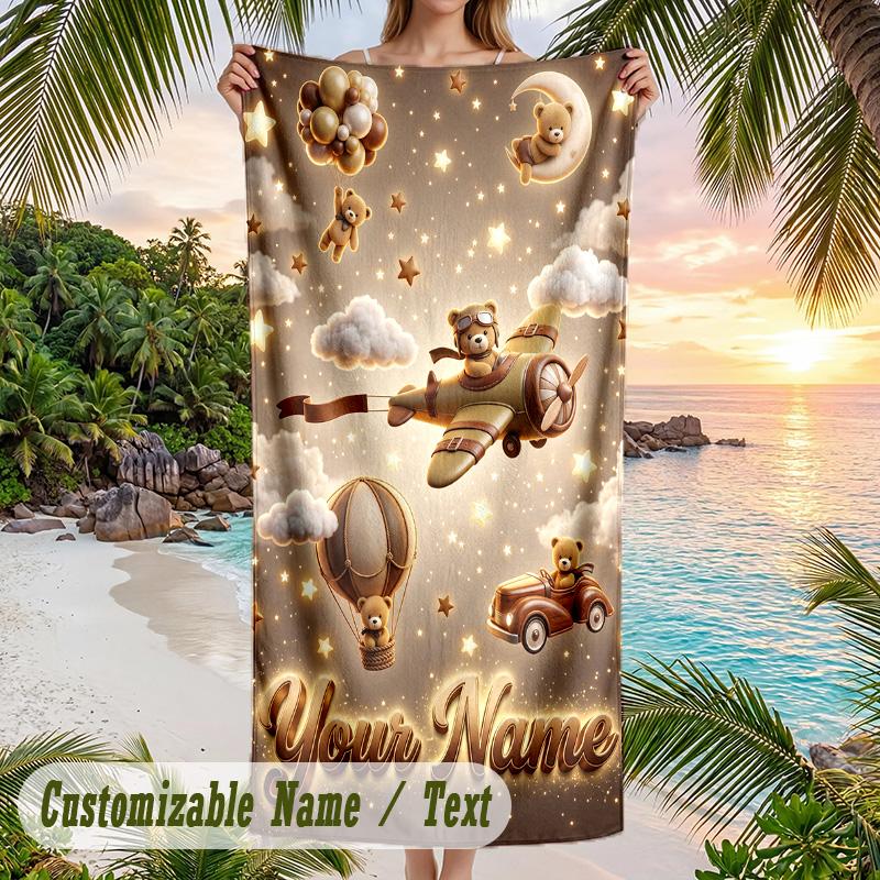 Teddy Bear Theme Beach Towel Personalized Custom Name & Text Soft Quick Dry Beach Towel for Swimming Travel