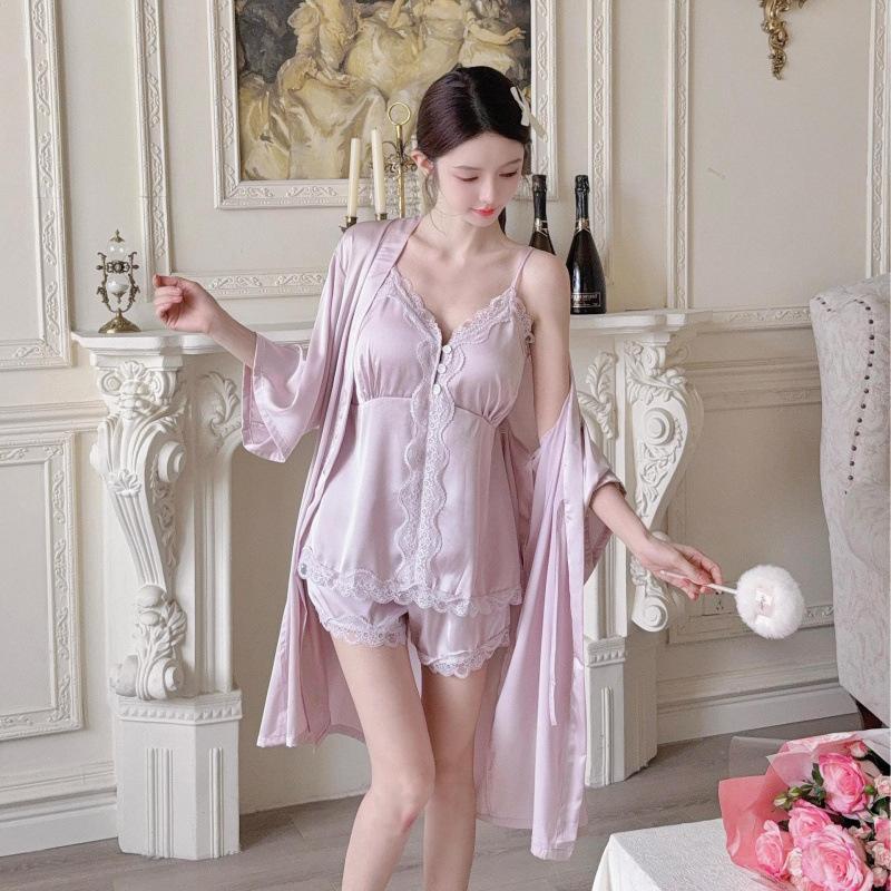 Summer sweet girl suspender shorts nightgown ice and snow silk thin lace lace pure desire wind loungewear three-piece set