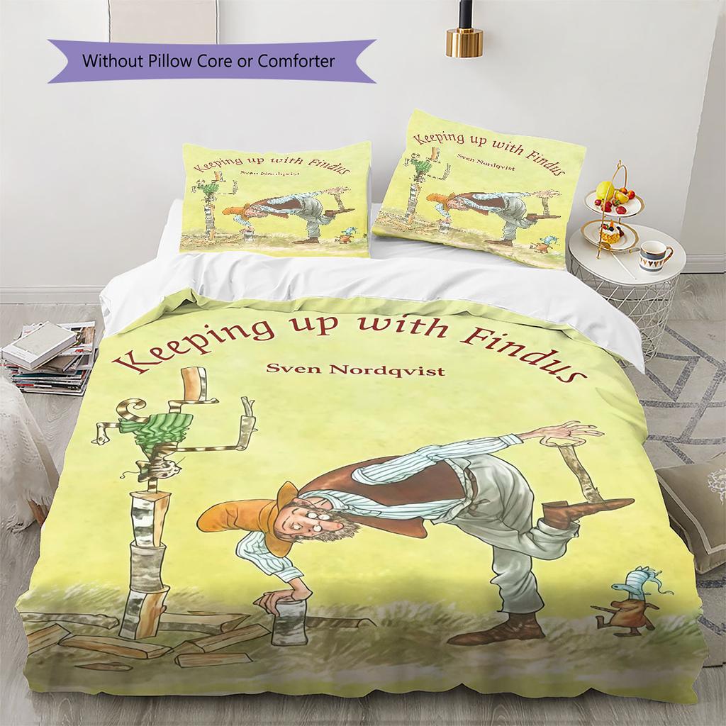 Pettson och Findus Bedding Quilt Set Quilt Cover Pillowcase Home Decoration Birthday Gift (1 * duvet cover + 2 * pillowcase, without core)
