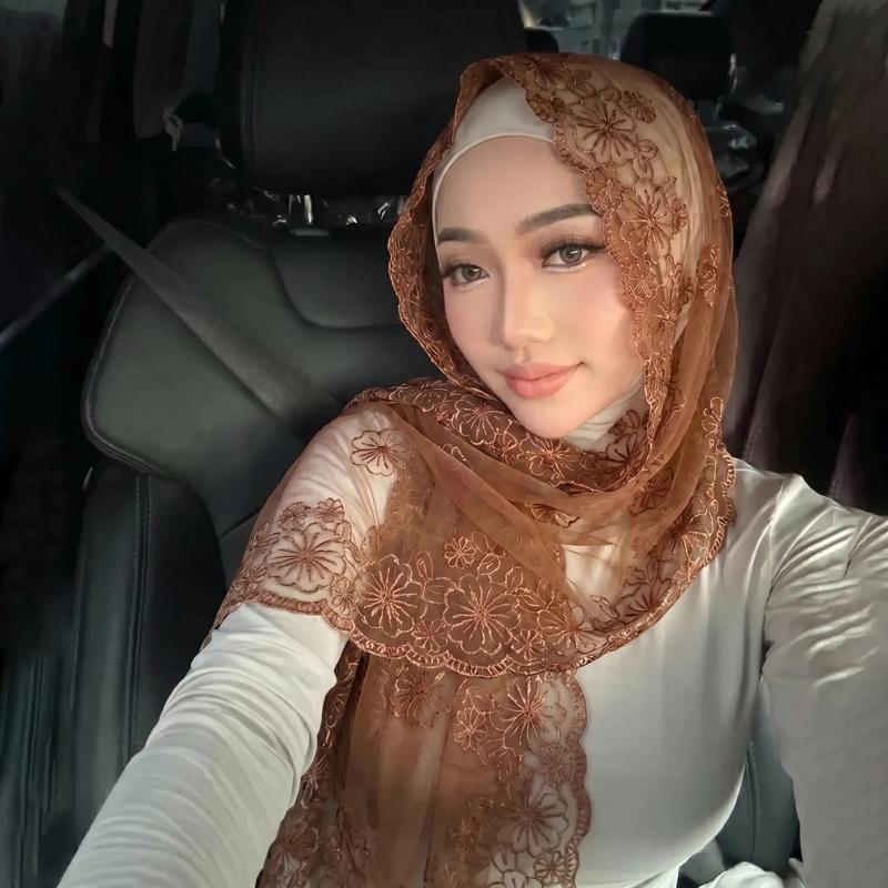 Lace Embroidery Muslim Hijab Women Chiffon Scarf Sheer Floral Headscarf Islamic Head Wrap Bandana Daily Prayer Head Accessory