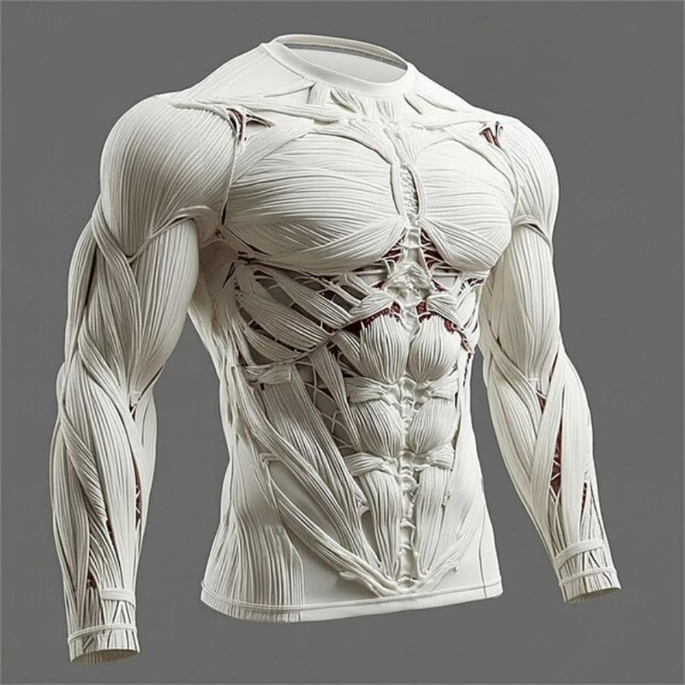2026 New Men's 3D Muscle Print Long-Sleeve T-Shirt Fitness Crewneck Breathable Athletic Wear Stylish Bold Everyday Streetwear
