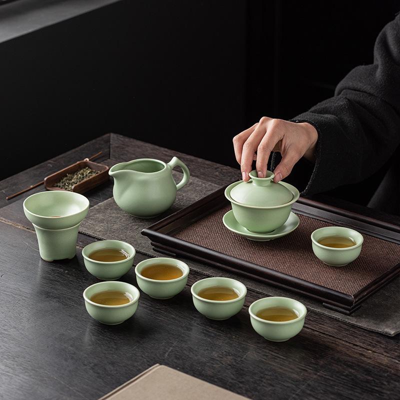 Ru kiln tea set, business side gift, customer souvenir gift box, a complete set of covered bowl teacups