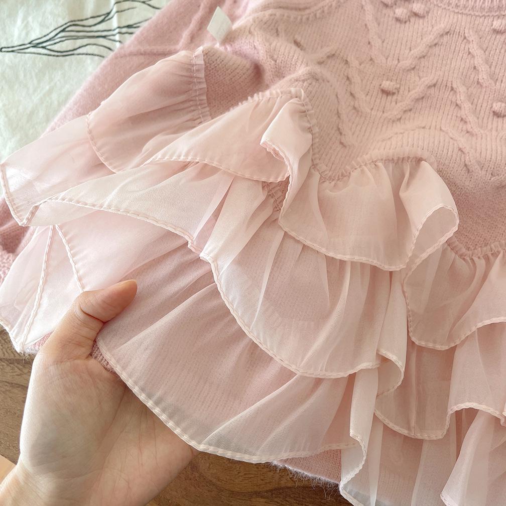 Dívčí princeznovský svetr s krajkovou patchworkovou aplikací - 2025 Podzim/Zima Zesílený Hřejivý Pletený Pulovr