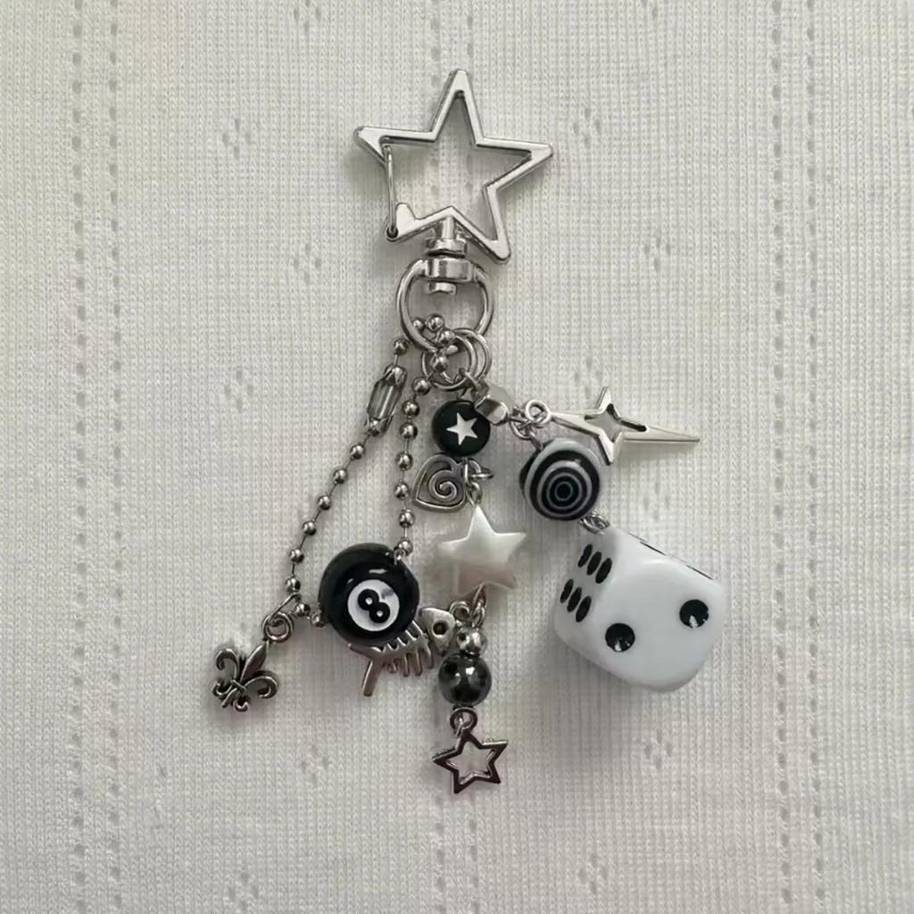 Handmade cluttered rockstar gf edgy black black & white dice keychains grunge, deftones, beaded jewelry, bag pendant, emo, ,