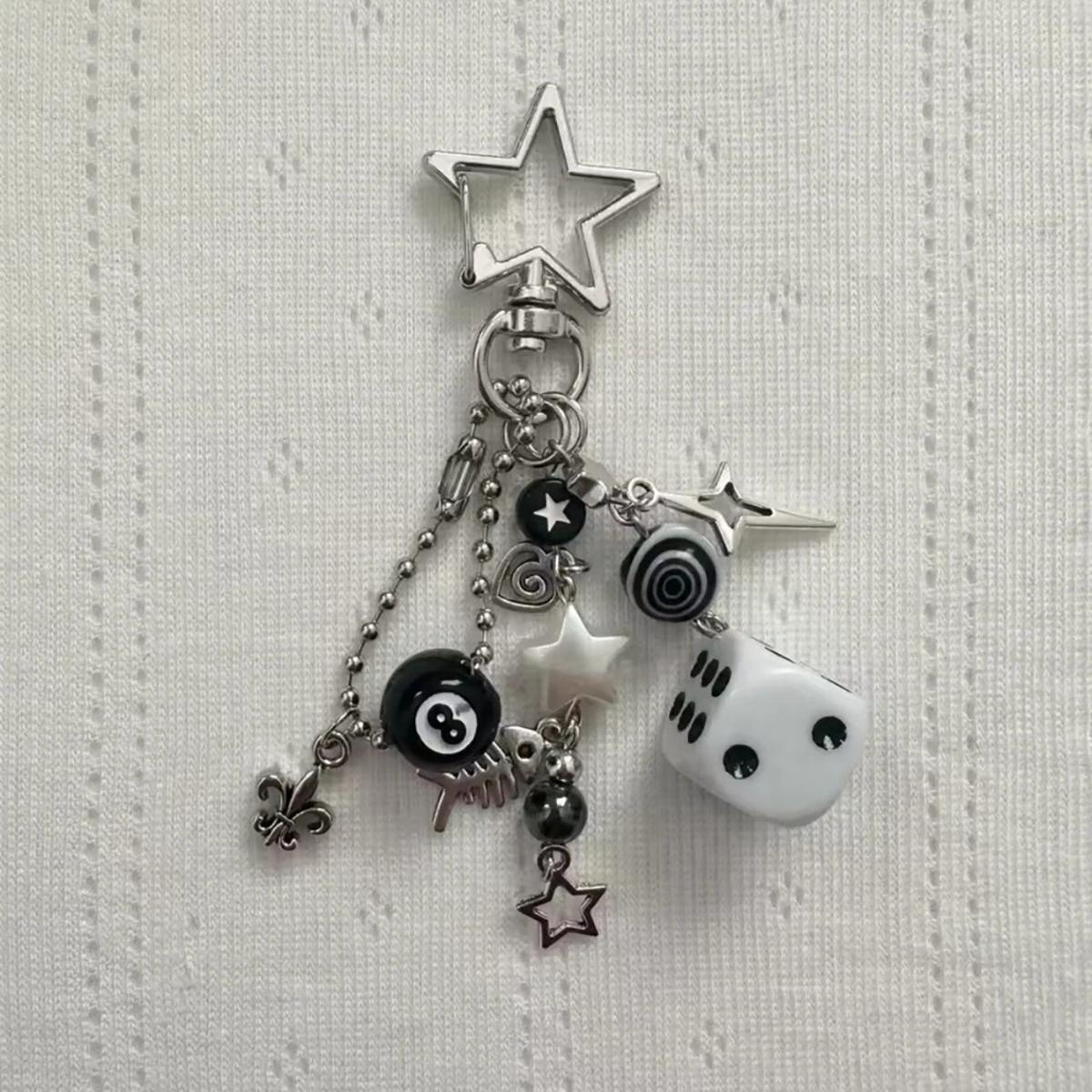 

Handmade cluttered rockstar gf edgy black black & white dice keychains grunge, deftones, beaded jewelry, bag pendant, emo, ,