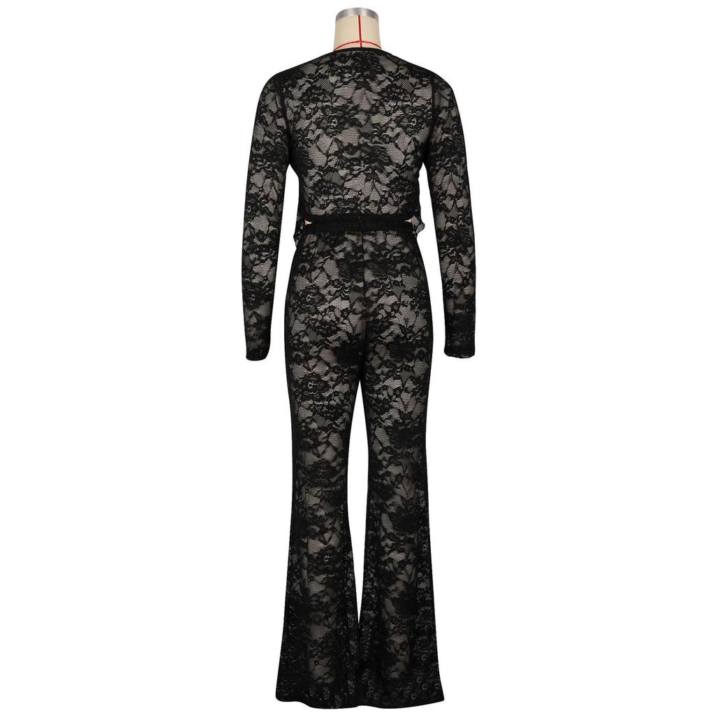 AL311 Women's Sexy Lace Flocking See-through Two-piece Set for Nightclub & Party