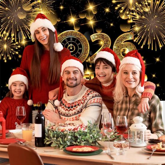 Happy New Year Backdrop, 72 x 44 Inch Large Happy New Year Banner 2026 Black Gold Background Banners for New Years Decorations 2026