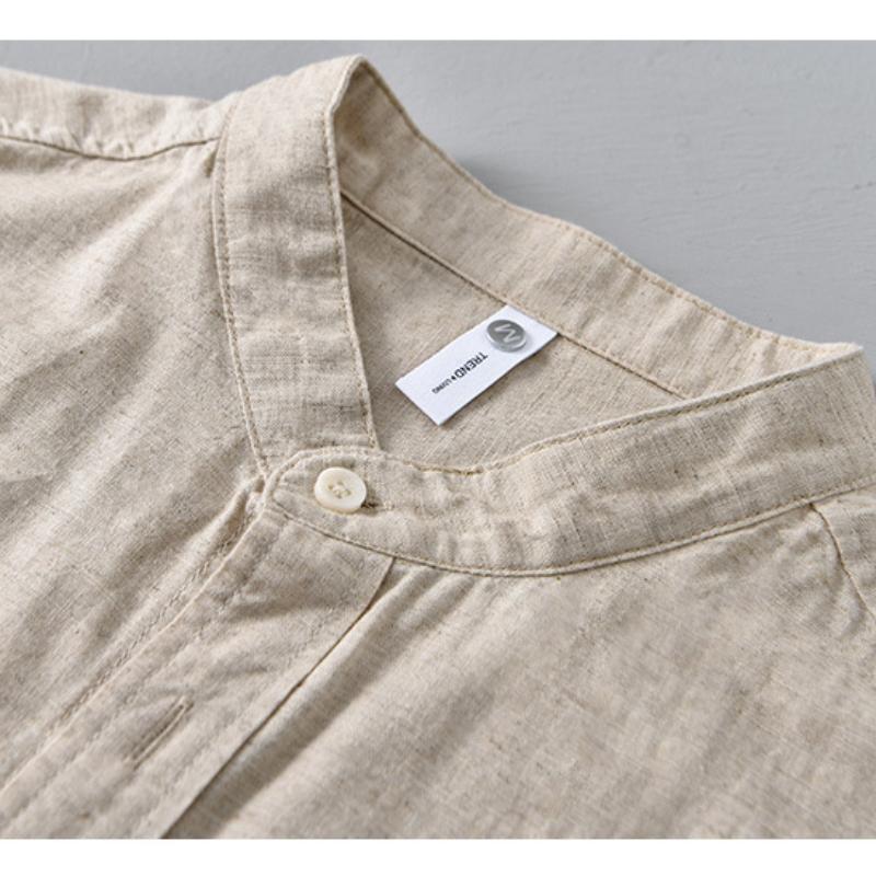 Solid Color Stand Collar Short Sleeve Shirts for Men Daily Summer Tops Casual Soft and Comfortable Cotton Linen Shirt Simple Style Men Clothing