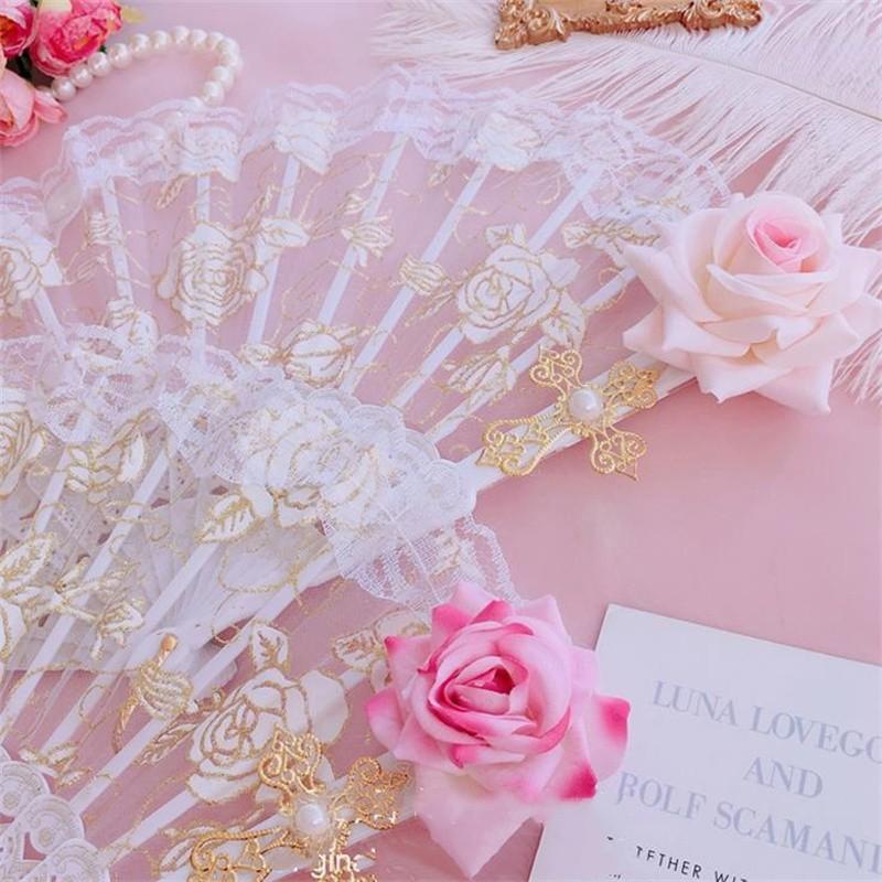 Lolita Gothic Fan Victorian Female Lace Hand Fan Vintage Black White Red Rose Bamboo Fans Cosplay Halloween Party Supplies