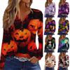 Women's Casual Long Sleeve V-Neck T-Shirt with Halloween Print and Decorative Buttons