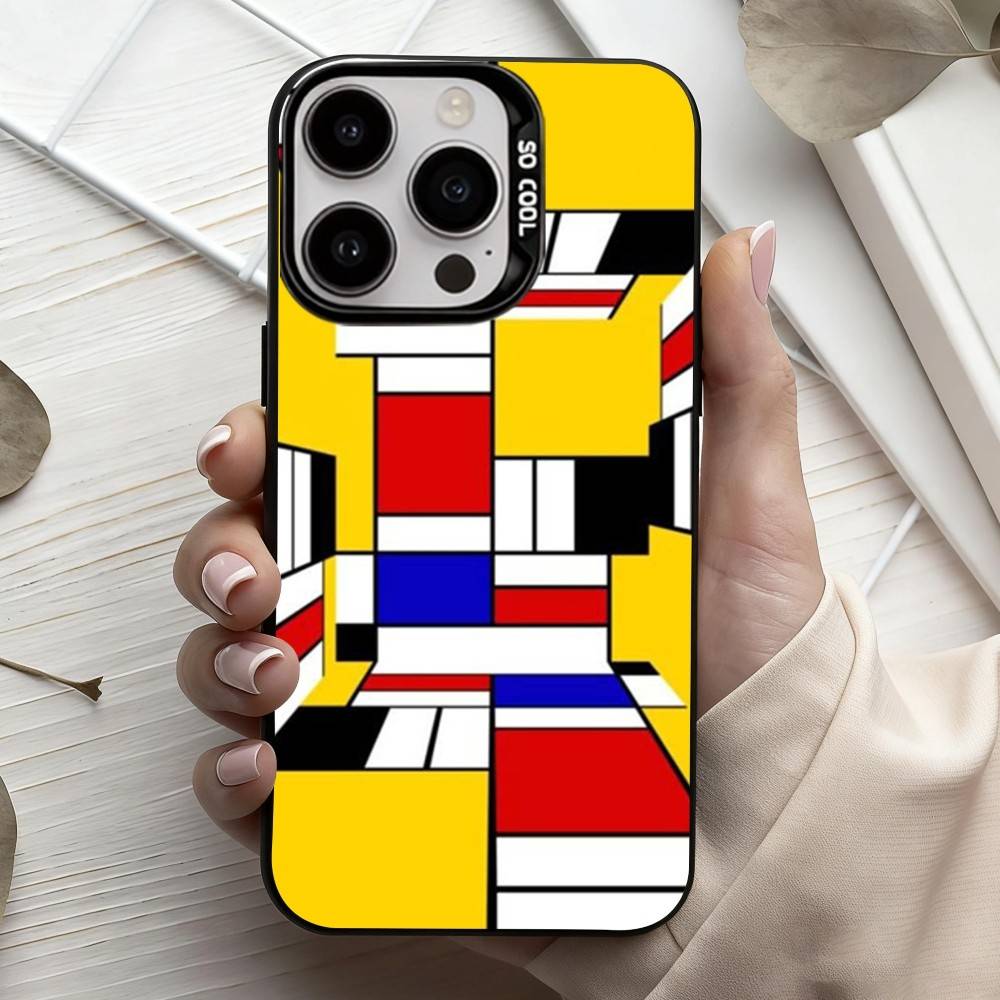 M-Mondrian-B-Bauhaus A-Abstract Shapes  Phone Case For iPhone17,16,15,14,13,12,11 Plus,Pro Max Black Candy Silver Plated Cover
