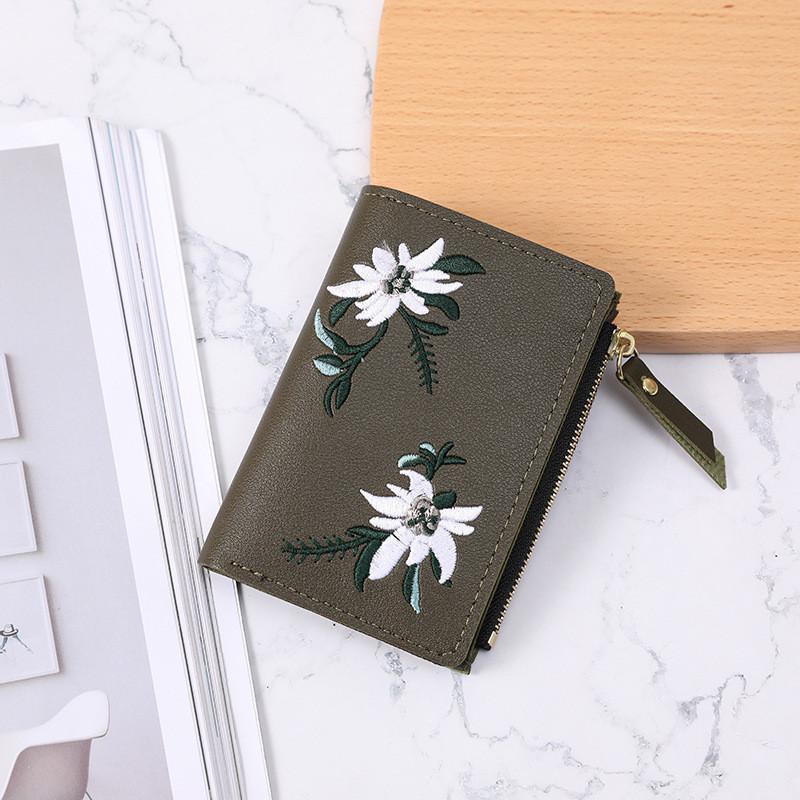 

Trendy Flower Pattern Short Wallet Women Embroidery Zipper Coin Purse Thin Fashion Money Clip Pu Leather темно-зелений колір