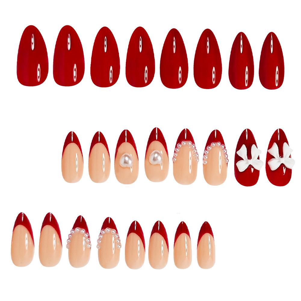 Červené francouzské 3D perleťové mašle na nehty Módní Láska Perleťová Bordová Francouzské nehtové umění