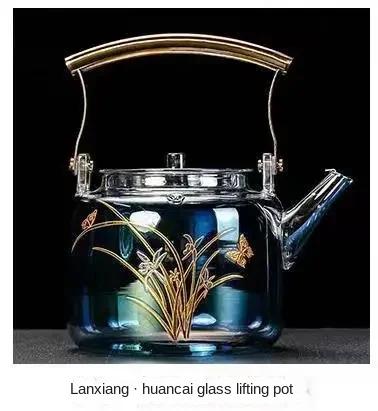 

Стеклянный чайник из боросиликатного стекла с цветной ручкой для сохранения здоровья, бытовой чайник-заварник с рисунком цветов и трав