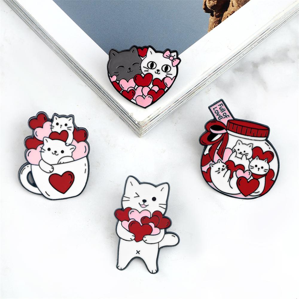 Cute Romantic Cats Love Collection Enamel Pins Cartoon White Kitten Heart Brooch Backpack Denim Lapel Badge Gifts for Girlfriend