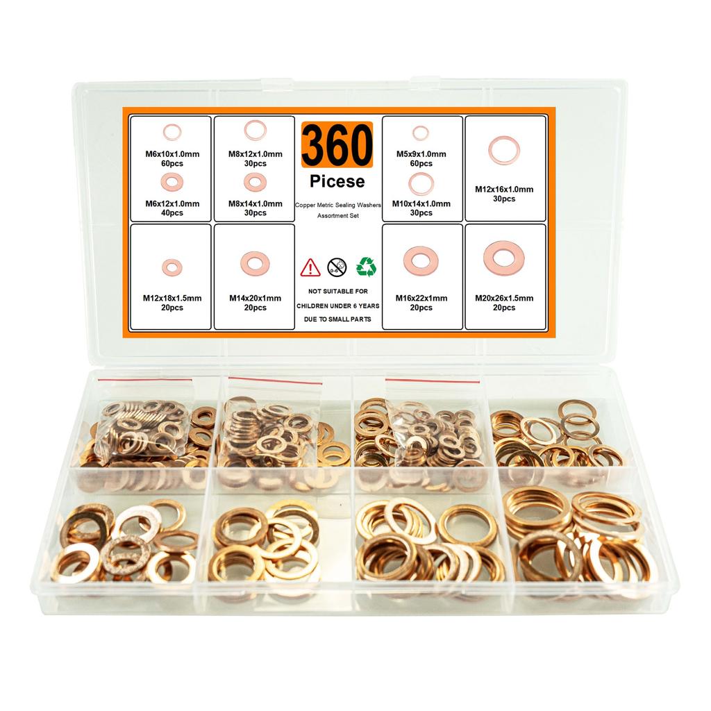 300/200/360 Stück Rotkupfer Dichtung Öldichtung Dichtungssatz Rotkupfer Flache Unterlegscheibe Rund Rotkupfer Dichtung Box