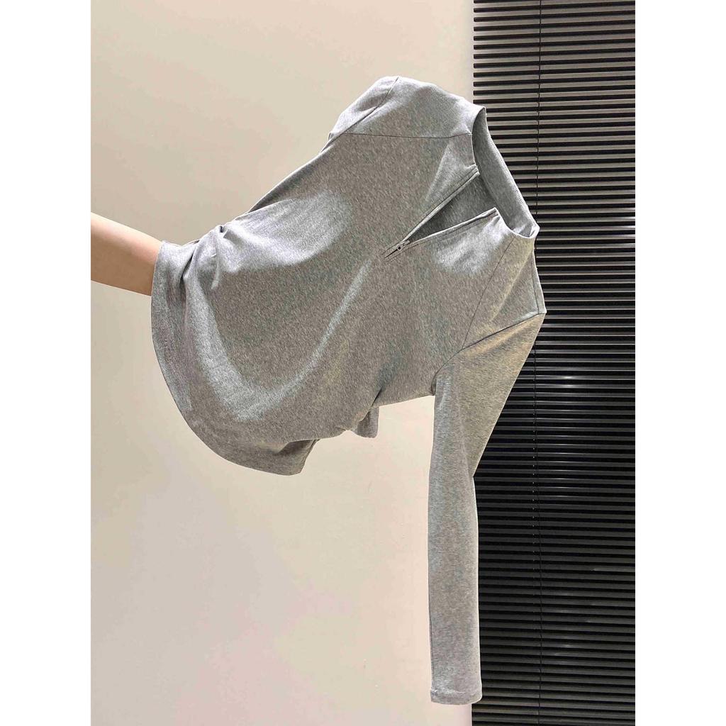 Women's Spring Fashion Long-Sleeve Top: Half-Open Collar, Zipper Style, Waist-Cinching Pleats, Regular Shoulder, Age-Reducing, Stylish Inner Wear