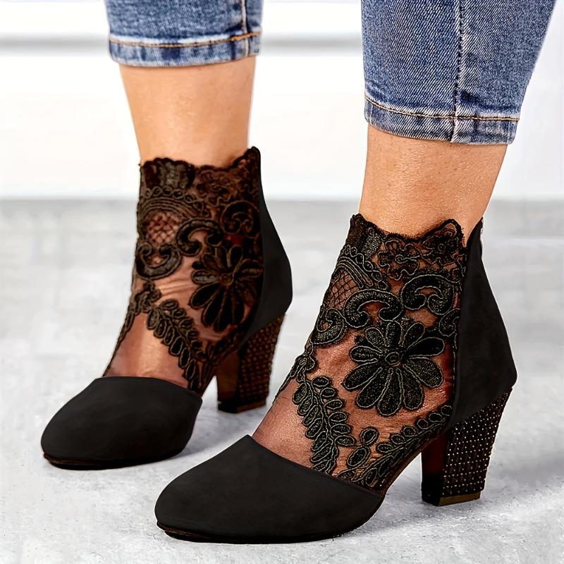 Lace Mesh Super High Heel Color Blocking Sandal Boots Female Round Head Thick Heel Short Boots