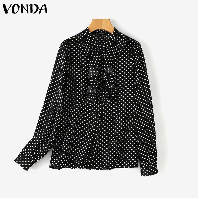 VONDA Women Fashion Ruffle Stand Collar Long Sleeve Polka Dot Shirts