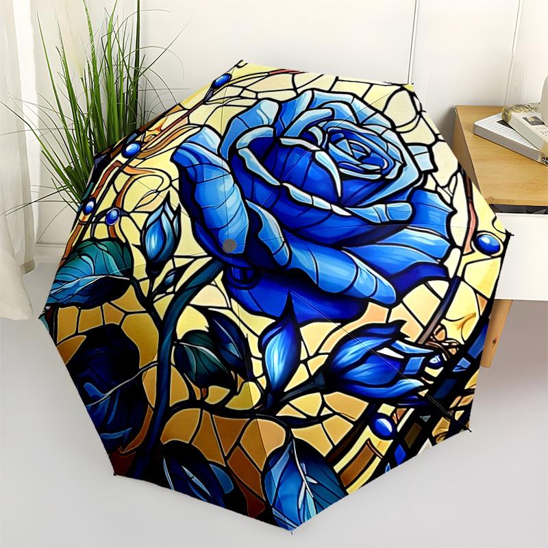 1pc Stained Glass Rose Automatic Folding Umbrella - 8-Rib Compact Travel Umbrella Durable & Portable for Outdoor Use, Perfect Gift for Birthdays098