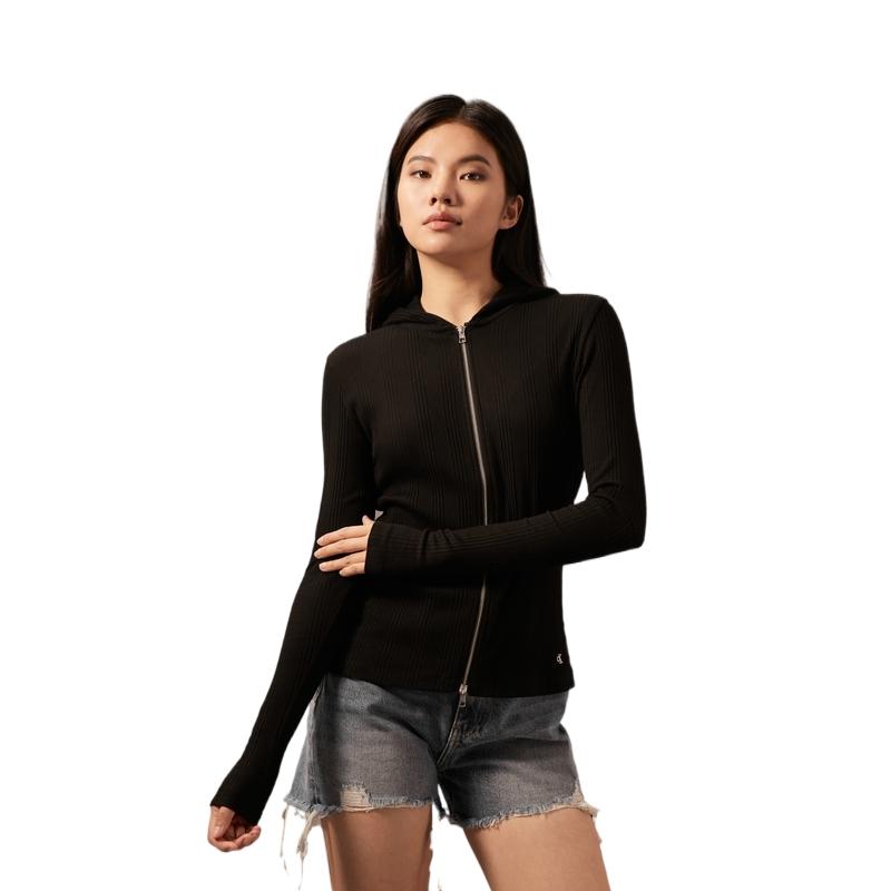 Calvin Klein Minimalistischer bestickter lässiger Pendler-Hoodie mit Reißverschluss Strickpullover Damenpullover Space-Black J223550