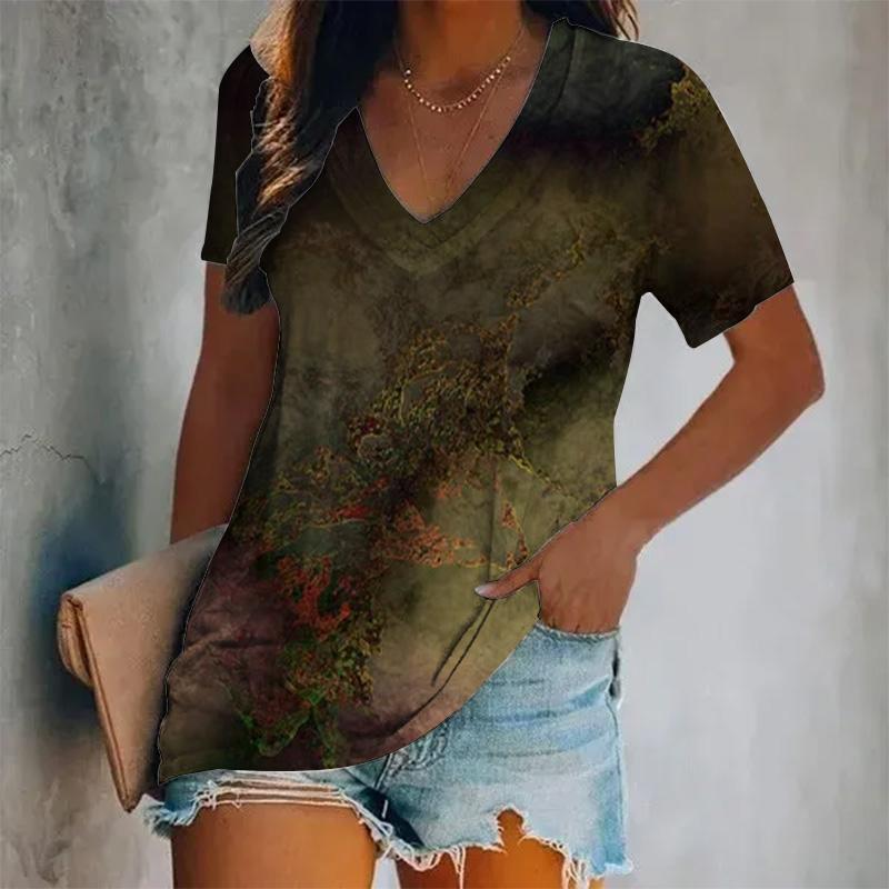 Damen Neues Kurzarm-V-Ausschnitt-T-Shirt mit gedrucktem Farbmuster, Übergroßes Damenoberteil im Y2K-Stil, Atmungsaktives T-Shirt