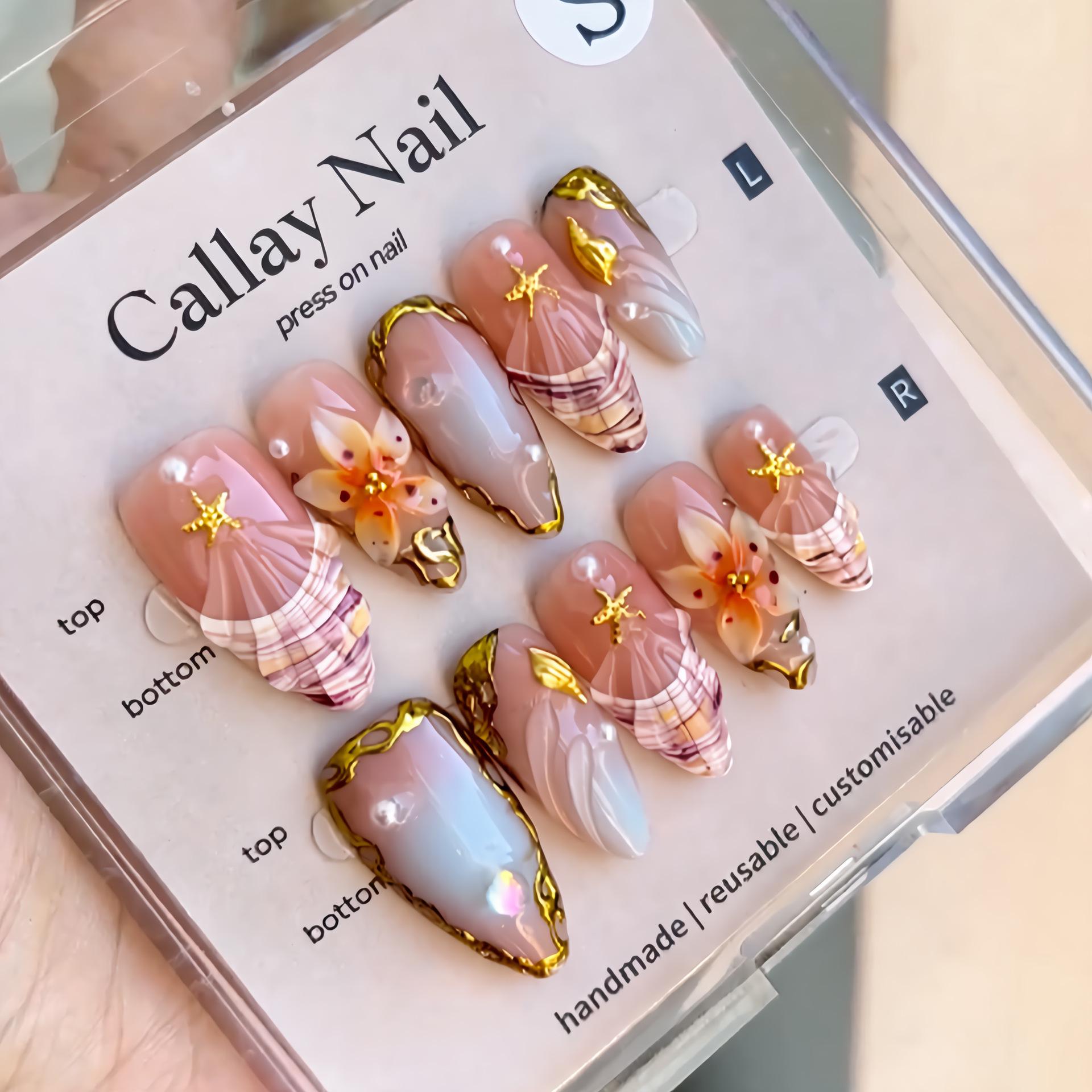 Summer 3D Floral Almond French Manicure Tips with Gradient Design