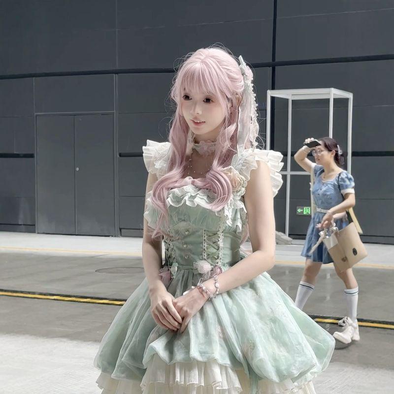 Set Parrucca Lolita Rosa Crepuscolo: Capelli Lunghi Ricci Dolci con Frangia
