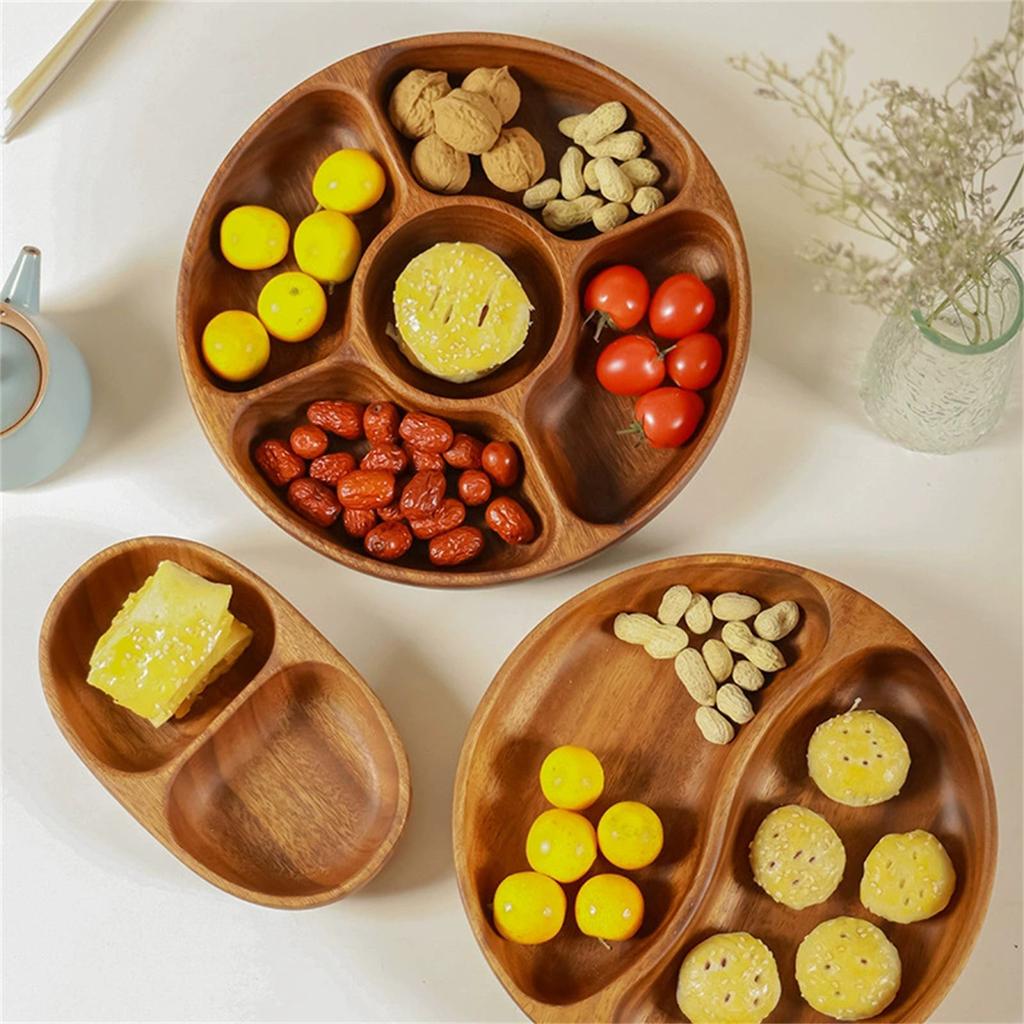 Wood Divided Servings Tray Dinner Platters Round Candy Tray Fruit Plate for Party Dishes Snacks Dried Fruit Easy To Use