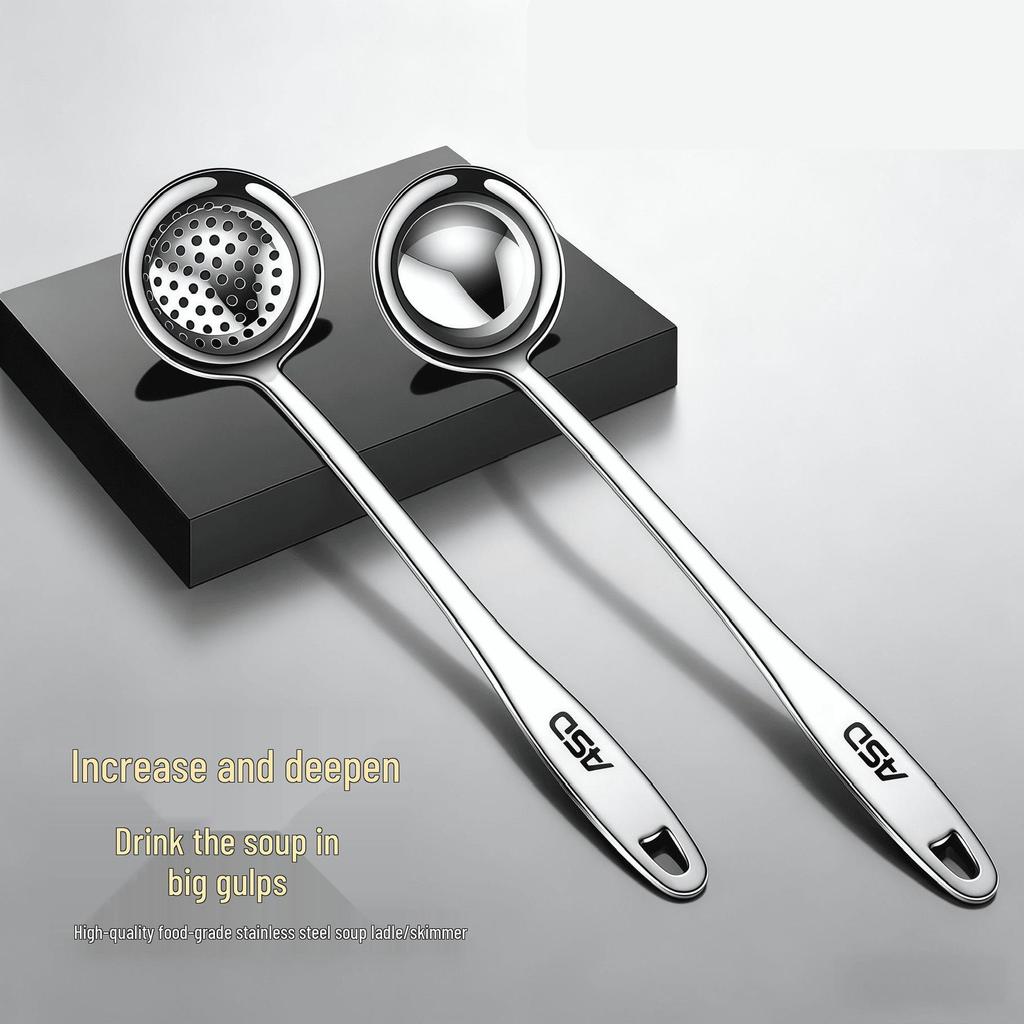304 Thickened Stainless Steel Long-Handled Soup Ladle - Large Serving Spoon for Porridge, Congee, Soup, Hot Pot, and Skimming.