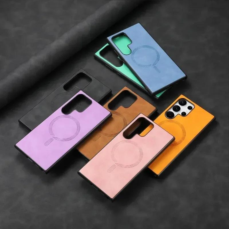 Pouzdro pro Samsung Galaxy S24 Ultra S23 Plus S23FE Kryt pro Magsafe Magnetic Luxury Plain Leather Wireless Charging Shell pro Samsung S24+