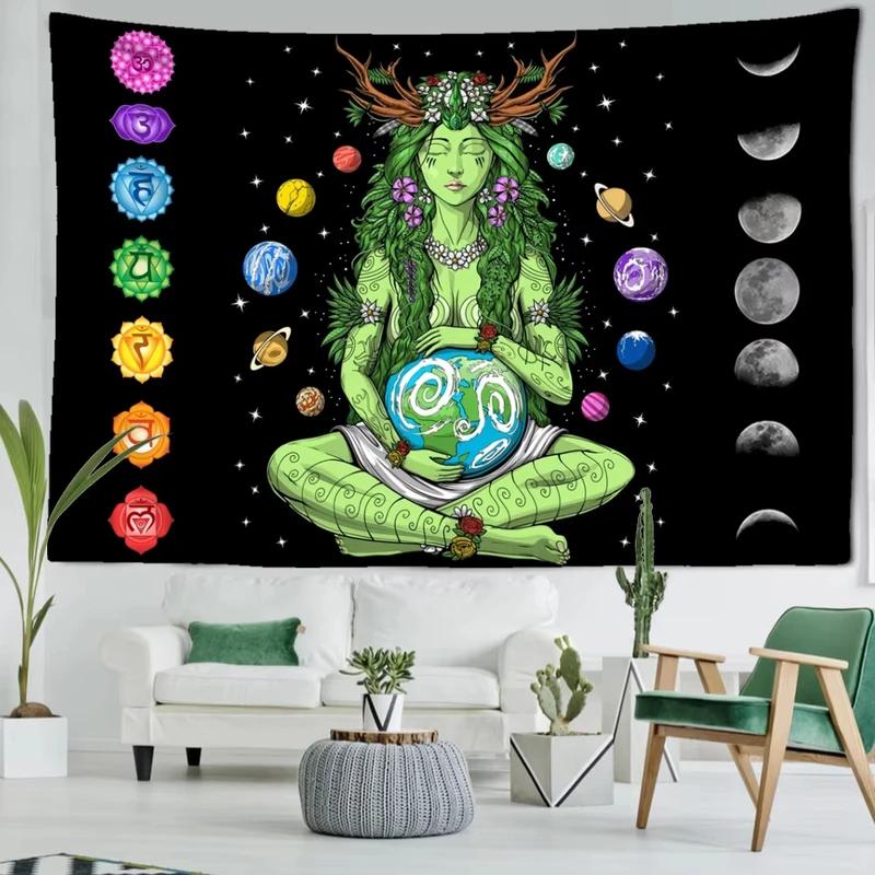 Mother Earth Chakra Tapestry Moon Phase Wall Hanging Background Cloth for Yoga Meditation Home Decor 100X70CM