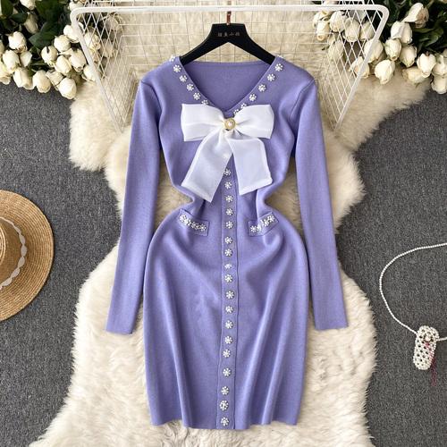 Elegant Bow High Waist Fashion Bodycon  Dress Long Sleeve Sexy Knit Elastic Tight Vestidos Autumn Winter Pencil Sweater Dress