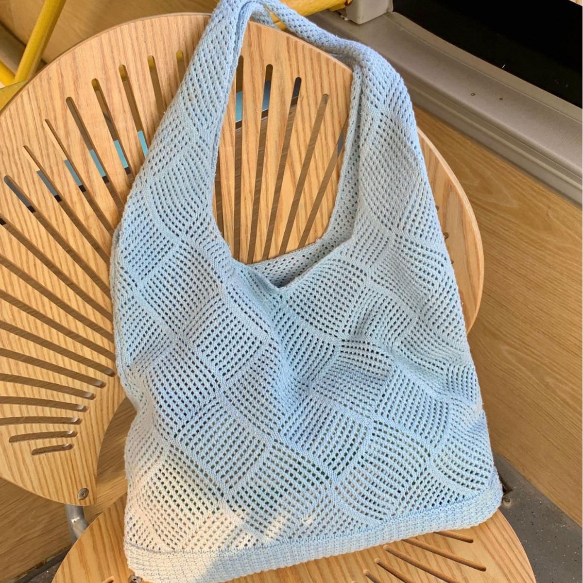 

Женская ажурная вязаная шерстяная сумка-тоут кроссбоди Seaside - Новинка 2024 года, большая вместительная сумка на плечо светло-синий