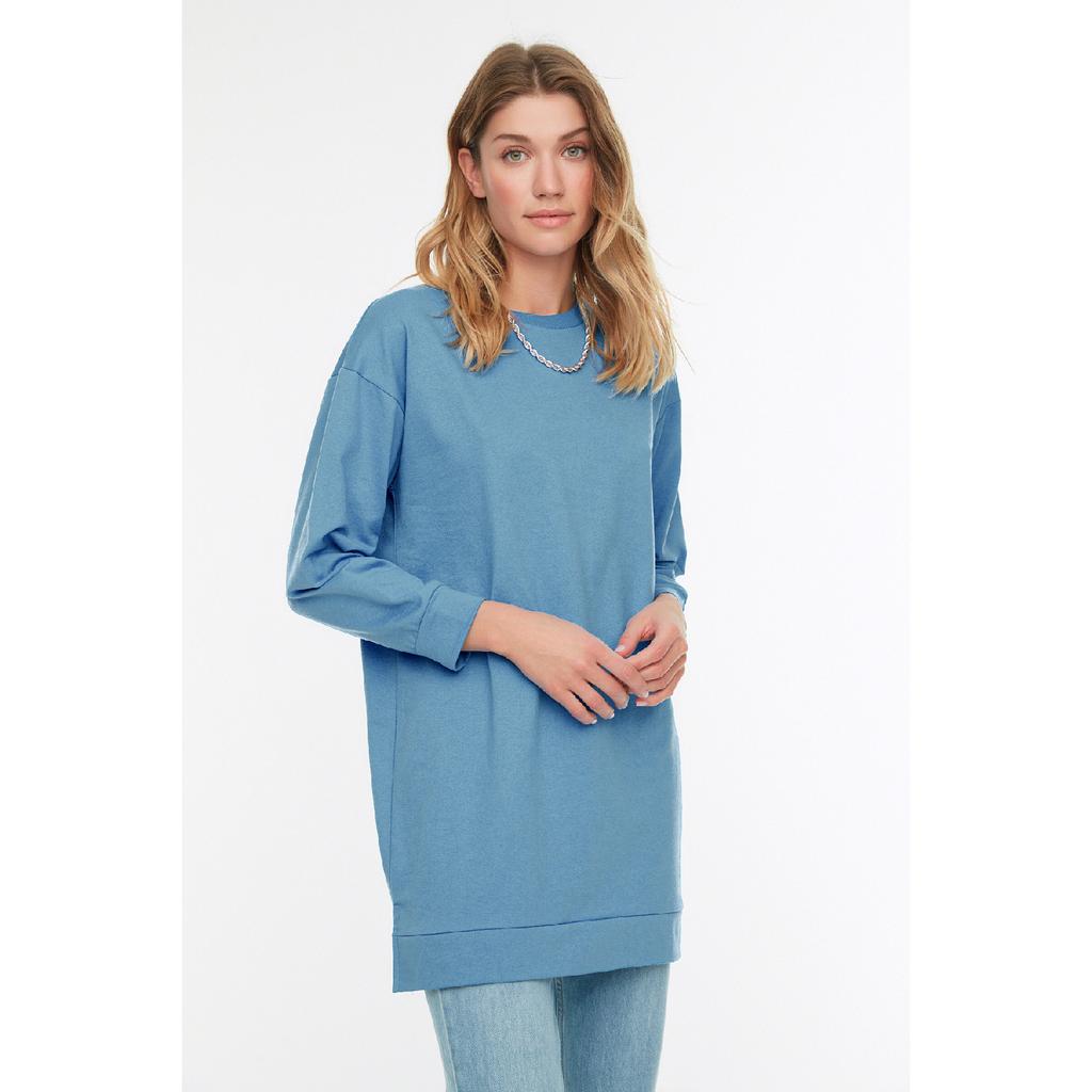 Orangefarbenes Basic-Strick-Sweatshirt mit Schlitz und Rundhalsausschnitt, Tctaw22tw0138