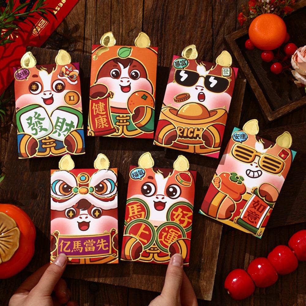 6pcs Red Color Spring Festival Hongbao Cartoon Lucky Money Envelopes Cartoon Red Packets Lunar Year